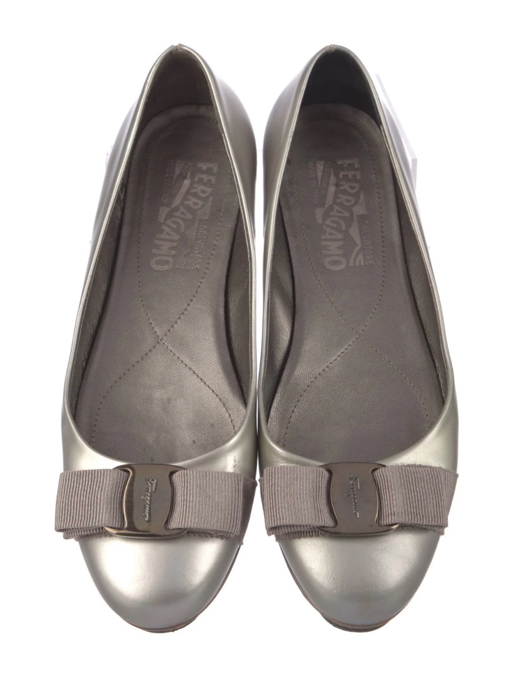 Salvatore Ferragamo Metallic Gray Leather Bow Ballet Flats